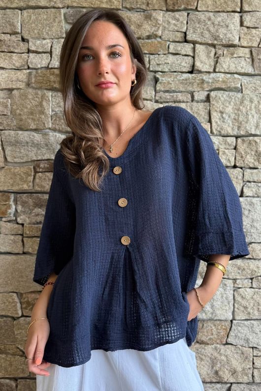 Andi Basket Linen Blend Top Navy